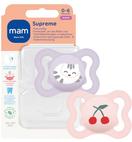 MAM Supreme Schnuller | 0-6 Monate | Babyschnuller beugt Zahnfehlstellungen vor | 94% Akzeptanz | Schnuller für Neugeborene | SkinSoft Silikon | Katze/Kirsche | 2 Stück