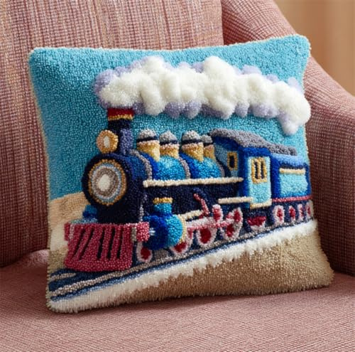 RKFLGEW Diy Knüpfen Set Kissen Retro-Zug Diy Knüpfkissen-Set，Anfänger，Erwachsene，Teenager，Geschenk，Stickerei，Heimdekoration 43x43cm
