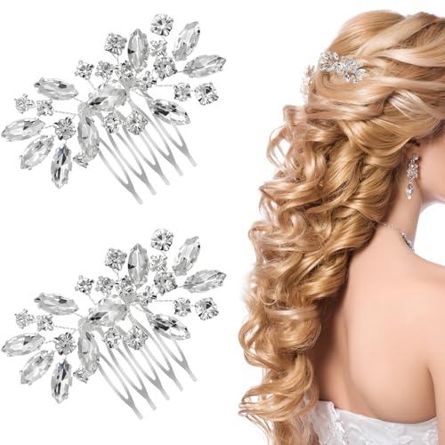 2 Diademas nupciales plateadas con diamantes de imitación, accesorios para el cabello de novia, pinzas brillantes para la novia, horquillas de cristal para bodas y ceremonias lateral de pelo