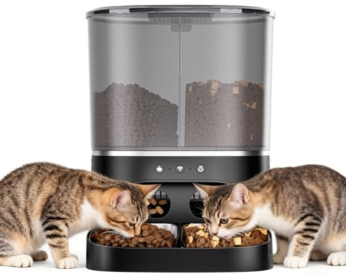 8L Automatic Cat Feeder with 2 Bowls, 2.4GHz WiFi & Voice Record App Timer | Automatic Cat Feeder Portion Control for Dry Food, Dual Auto Pet Food Dispenser for Multiple Pets
