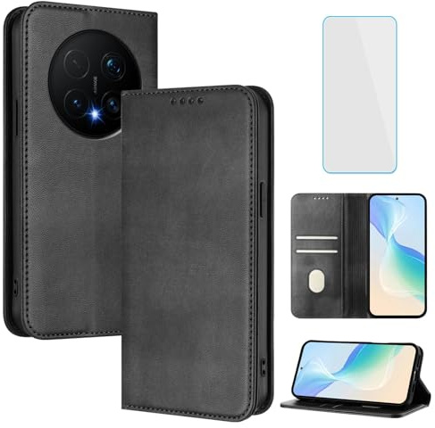 OUEAYIEN Handyhülle für Honor Magic8 Pro 5G Schwarz | Hülle mit Panzerglas,RFID Schutzhülle,Kartenfach,Klapphülle,Stoßfest Vintage Lederhülle für Honor Magic 8 Pro 8Pro Magic8Pro