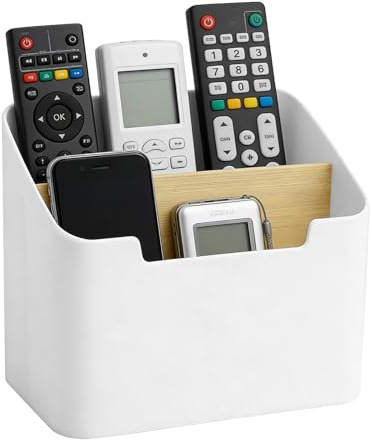 JYYWTSI Soporte de Mando a Distancia para Escritorio, Organizador con Compartimentos de Madera, Caja de Almacenamiento, Color Blanco