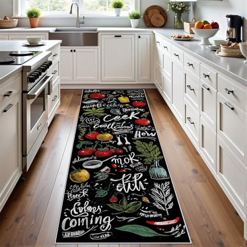 Meugesoi Tomate Küchenteppich rutschfest Waschbar, Modern Graffiti Teppichläufer, Küchen Teppich Läufer, Schwarz Küchenmatten für Küche, Flur, Esszimmer und Eingangsbereich, 60x180 cm