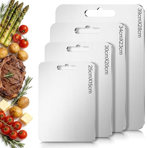 4 Pezzi Tagliere Acciaio Inox, Taglieri a Doppia Faccia, Set da Cucina Professionale SUS 304, Antibatterico e Resistente, Multifunzione Tagliere Cucina, per Carne, Pane, Verdura e Frutta