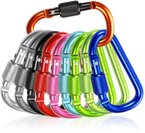 lohey 10 Pack Locking Carabiner Clip - Small Aluminium D Ring Keychain with Screw Lock, Lightweight Caribeana Clips for Outdoor, Fishing, Hiking, Traveling, Backpack