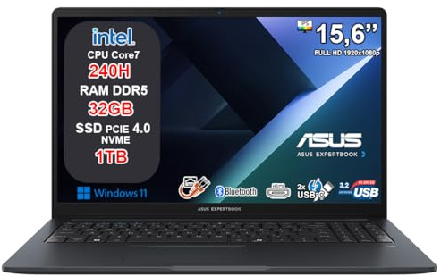 ASUS ExpertBook B1 Notebook, Intel Core 7 240H, 32GB DDR5 RAM, 1TB SSD NVMe, 15.6 Full HD, Windows 11 Pro, Fingerprint, WiFi 6, Tastiera Retroilluminata, Webcam Privacy Shutter, 2 Anni Garanzia.
