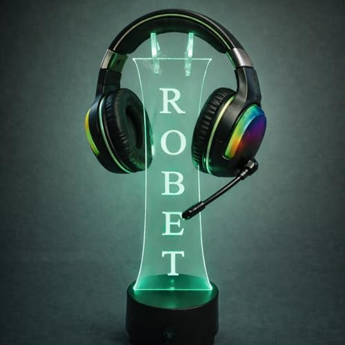 Personalised LED Headphone Stand with Name Engraving - RGB Multi-Colour Gaming Headset Holder, Acrylic Light-Up Desk Stand with Stable Base - Custom Gamer Gift, 26cm