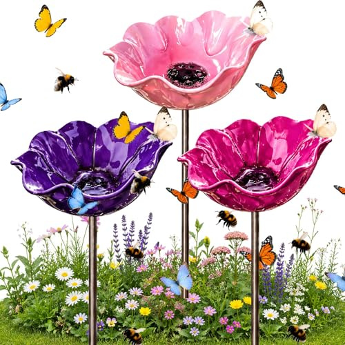 TETGSET Blumen Gartenstecker VogelträNke, 2026 Neu Metall Blumen Gartenstecker, BienenträNke, Schmetterlinge Insekten Tränke für Den Garten, VogelträNke Futterschale Rasen & Balkon (3pcs *C)