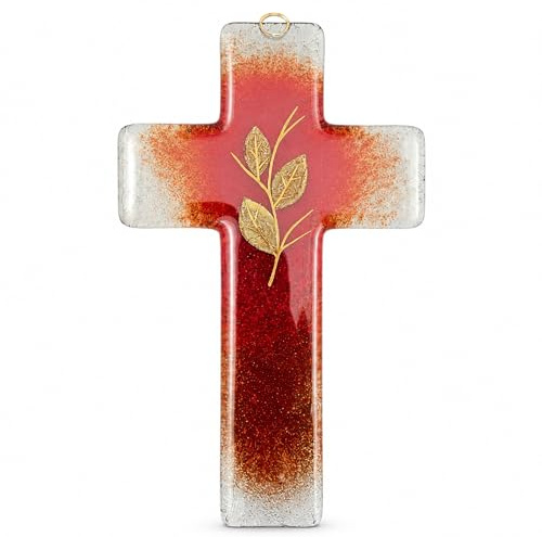Lunexus glaskreuz 20 cm handgjord, väggkors glas rött guld dopgåva, kors dop flickor pojkar, nattvardsgåva konfirmationspresent, religiös gåva gudbarn, dekoration kors bladdekoration