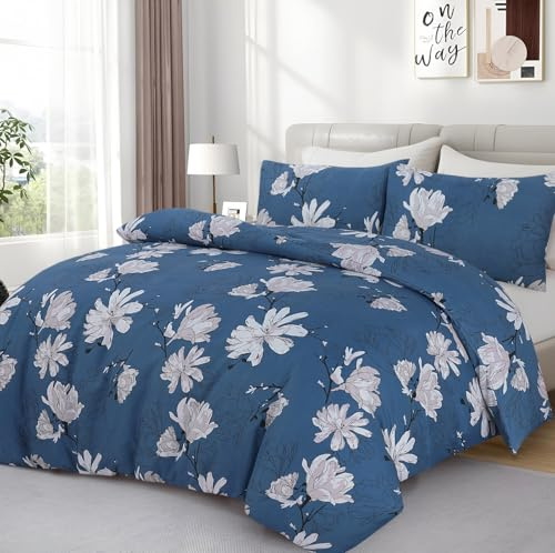 Opulent Living Duvet Cover Set With Fitted Sheet & Pillowcases, 4 Piece Microfiber Soft Breathable Double Bedding Set, Machine Washable, Wrinkle Resistant - Blue - Double