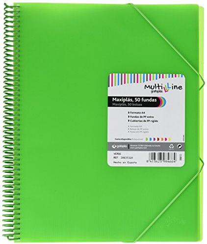 Grafoplas - Carpeta 50 Fundas A4 con Espiral, Maxiplás Multiline, Verde | 50 Forros Transparentes, Tapas Polipropileno Rayado, Gomas Cierre, Perfecto Material Escolar y Oficina