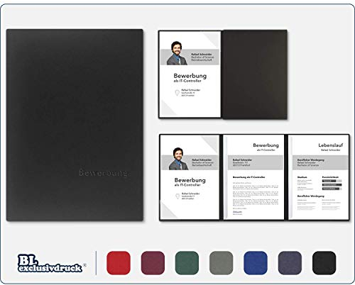 5 Stück 3-teilige Bewerbungsmappen BL-exclusivdruck® OPTIMA-plus in Schwarz - Premium-Qualität mit edler Relief-Prägung 'Bewerbung' - Produkt-Design von 'Mario Lemani'