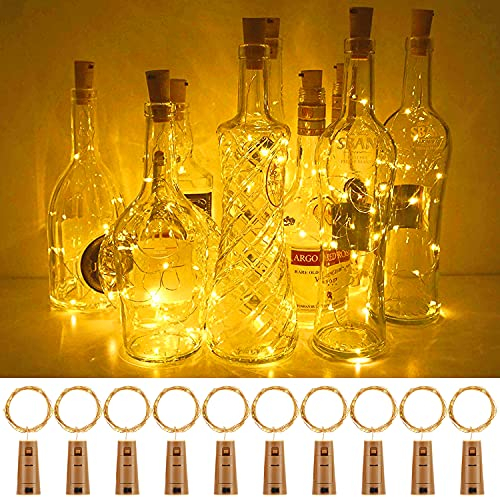 Fulighture Bottle Lights with Cork 10 Pack, Copper Wire with 20 Small LEDs 2M String Lights, Battery Operated Wine Bottle Fairy Lights, for DIY Christmas Party Bedroom Wine Glass, Warm White