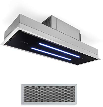 Klarstein High Line Hotte aspirante de plafond - encastrée, 90 cm, 410 m3/h, air de circulation et d'évacuation, 3 niveaux, LED, télécommande et filtre à charbon actif, inox/verre noir