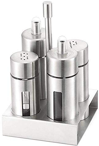 Cruet Basic Set, Stainless Steel and Acrylic Oil and Vinegar Dispensing Bottles, Salt Shaker and Pepper Condiment Holder, 4 Pieces