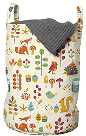 ABAKUHAUS Kinder Wäschesack, Owl Fox-Eichhörnchen Vögel, Wäschekorb mit Griffen Kordelzugverschluss für Waschsalons, 33 cm breit x 49 cm hoch, Mehrfarbig Orange