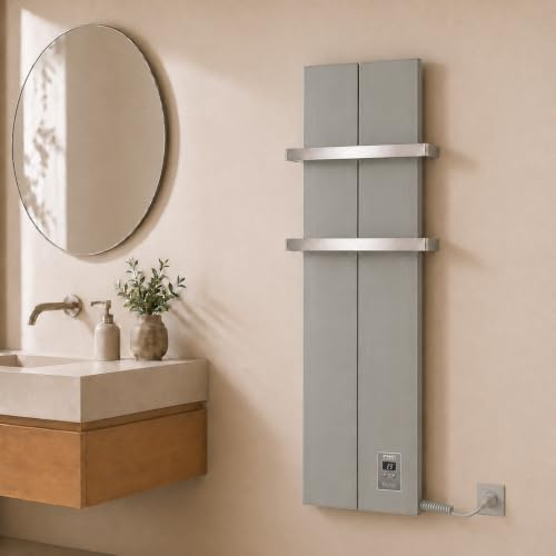Finesa D scaldasalviette Elettrico Bagno 1000 x 408 cm,termoarredo Elettrico, termostato Digitale 400-1200 W, di Colore Grigio Metallizzato