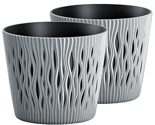 Tymar Blumentopf, 2er-Pack, Übertopf aus Kunststoff, Moderne, Runde Form, Pflanztopf,Innen- und Außenbereich, SR001 (Grau, ø 26 cm)