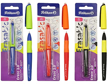 Pelikan Erase 2.0 Ergonomischer radierbarer Tintenroller, Tinte Schwarz, Rot und Blau, für Rechts- und Linkshänder, für die Schule, nachfüllbar, 3 Stück