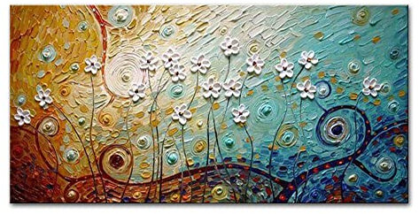 Mintura Kunstwerk, handgemalt, die schönen weißen Blumen, Wandkunst, Bild, Wohnzimmer, Acryl-Leinwand, Wohnkultur, Ölgemälde auf Leinwand, 70 x 140 cm, ungerahmt