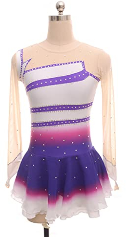 YDHTIZ Wintersport Eiskunstlauf Kleid Damen Schlittschuh Tanz Kostüm Mädchen Lange Ärmel Strass Gymnastik Kleider Wettbewerb Training Athletic Weibliche