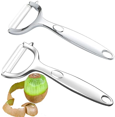 Hosawtek Pelador de verduras y patatas, mango antideslizante de acero inoxidable pesado de 0.24 libras y cuchillas afiladas, juego de 2 (1 recta y 1 hoja dentada), trabajo colaborativo, pelado