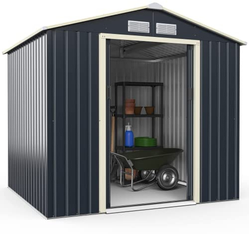GOPLUS 3,73㎡ Abri de Jardin Métal Galvanisé, Cabine de Jardin Extérieur Portes Coulissantes, Résistant aux Intempérie, Cabane de Rangement Outils, 213 x 191 x 195 cm, Gris