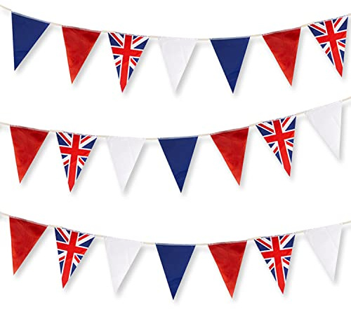 AKH® 7Ft Union Jack Triangular Bunting | Red White and Blue Party Bunting Banner Union Jack Party Decorations | Royal Theme Garland King Charles Coronation Pub BBQ Decoration with Ribbon