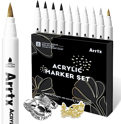 Arrtx Acrylstifte für Steine Wasserfest 10 Stück Dual Tip Stifte Steine Bemalen Permanent Acrylmarker für Holz, Leinwand, Glas, Papier, Keramik-4 Weiß, 4 Schwarz, 1 Gold und 1 Silber