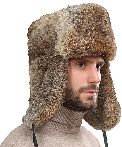 BSYLOO Cappello da aviatore invernale con paraorecchie, antivento, cappello da sci da soldato in finta pelliccia di coniglio, per uomo e donna, Marrone, Small-X-Large