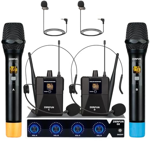 ZERFUN Pro Wireless Microphone System 4 Channel, UHF Metal Cordless Handheld Headset Lavalier Revers Mics for Church Karaoke Singing, 4x50 Adjustable Frequency(G8 Battery 2 Handheld 2 Bodypack)