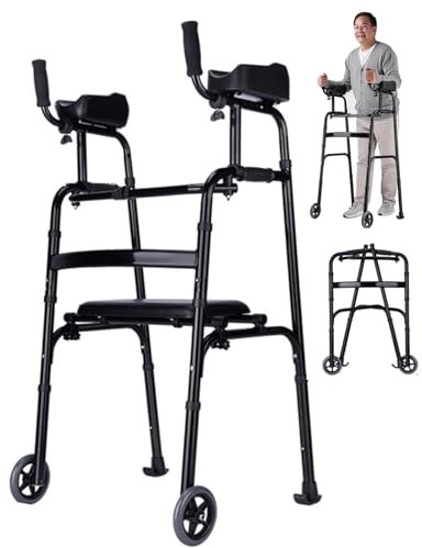 Joyfitness Gehbock für ältere Menschen mit Unterarmstütze, Gehbock mit Rollen Klappbar mit Einstellbarer Höhe, Gehgestell Faltbar aus Aluminiumlegierung für die Rehabilitation