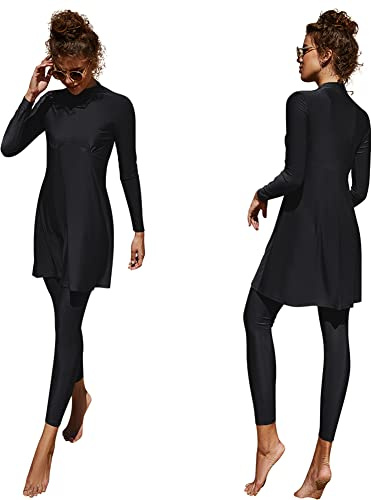 Muslim Swimming Costume Women Burkini Swimwear for Ladies UK Modest Long Sleeve Floral Print Built-in Bra Swimming Tops + Pants 2 Piece Swimsuit Islamic Clothes UV Protection Bathing Suit 1#Black S