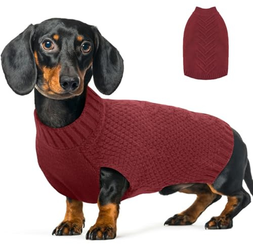 Katzinst Strick Hundepullover, Weihnachtspullover Hund, Dicken Hundepulli Warmer Rollkragen Winter Hundebekleidung, Pullover French Bulldog, Rot, M