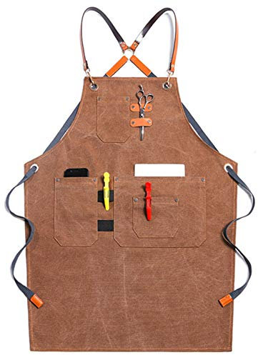 ECOLFE Schürzen für Männer, Arbeitsschürze, Segeltuchschürze, Werkstatt-Werkzeugschürze mit verstellbaren Trägern for Friseur, Küche, Gärtner, Café (Farbe: Grau, Größe: XL)(Color:Brown)