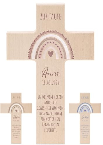 wunderwunsch - Personalisiertes Taufkreuz mit hochwertigem Spezial-Druck aus massivem Buchenholz - Taufe Geschenk - Holzkreuz Taufe (Regenbogen rosa)