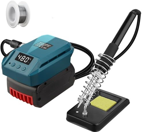JJXNDO Lötkolben für Bosch Professional 18V System GBA Li-Ionen Akku, 60W LCD Einstellbar Temperatur 180-480°C Mit Ein/Aus Schalter, 50g Lötdraht, Lötkolbenständer