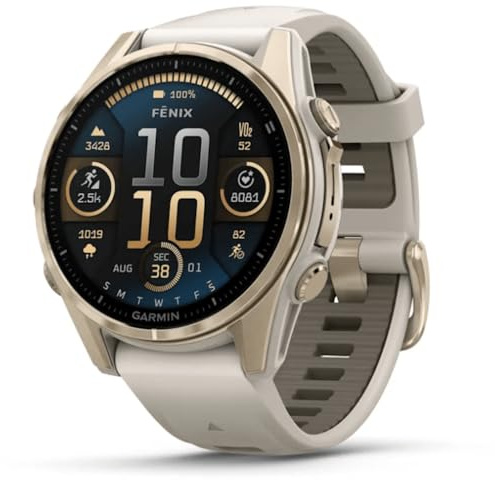 Garmin Fenix 8–43 mm, AMOLED, Saphir, weiches Gold mit Nebelgrau/Dunkelsandstein, Silikonband