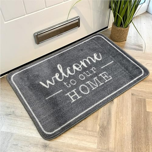 Mighty Mats Supersoft Washable Door Mat Indoor - Highly Absorbent Dirt Trapper Indoor Doormat - Anti-Slip Mat with Durable Latex Backing - Versatile Floor Rug - Grey Welcome, 50 x 75cm