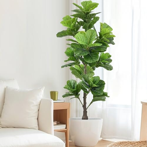 Árbol de higuera artificial de hoja de violín de 5.3 pies (63 pulgadas) de alto, árbol sintético con troncos realistas grandes y hojas grandes, plantas artificiales en maceta para el hogar, oficina,