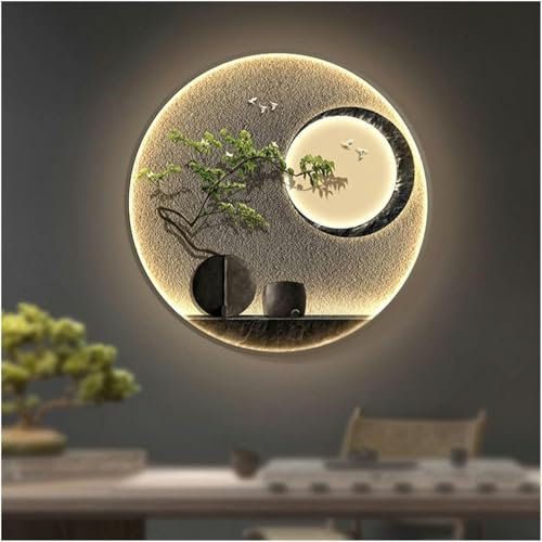 BTOIASYHF Dekorative Runde Wandtisch Für Das Haus Mit Marco, Anhängerkiste Für Eingang Mit Licht, Wandkunst Mit Zen -Landschaft Für Wohnzimmer Und Tee Wohnzimmer (schwarz, 120 Cm/47 Zoll)