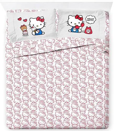 Jay Franco Hello Kitty - Juego de sábanas tamaño Queen, juego de ropa de cama kawaii de 4 piezas, sábanas de microfibra color rojo y blanco con fundas de almohada reversibles