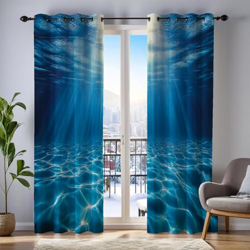 2Er Set Blickdicht Vorhänge Wohnzimmer, 3D Sonne Meer Muster Blickdicht Schlaufenschal Modern Verdunkelungsvorhang, Lärmminderung Gardinen Fensterdekoration H137 X B117 cm