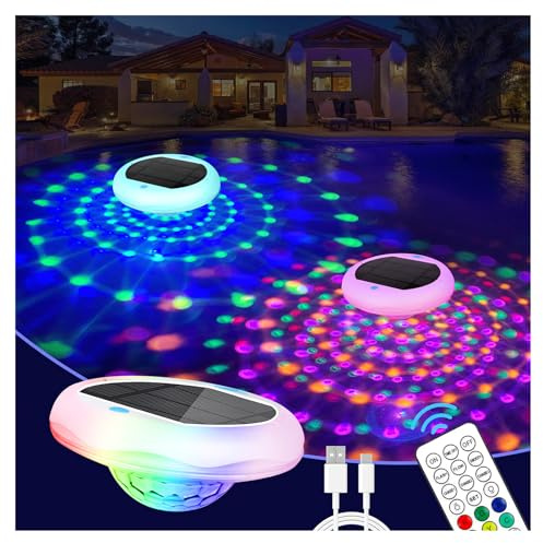 TEPENAR 2-in-1 Solar and Rechargeable Floating Pool Lights: 6.7 Pool Lights That Float 6 Dynamic Modes with Remote IP68 Waterproof Hang RGB Upper and Lower Bathtub Light for Garden Pond 1 Pack
