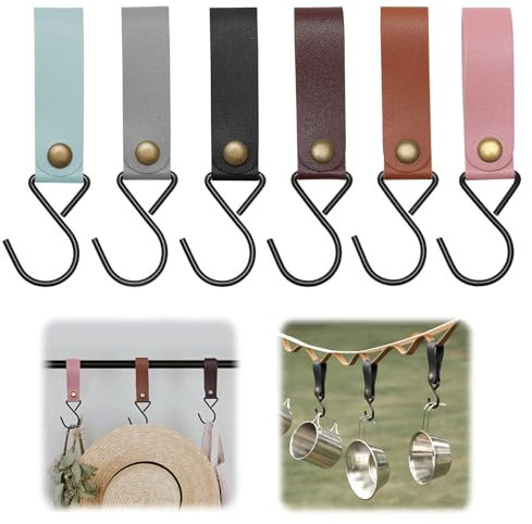 Juyibaao 6 ganci a S per appendiabiti, da campeggio con passante in pelle, gancio multifunzione a forma di S, gancio in metallo e pelle PU per appendere pentole, padelle, cappotto, asciugamano, cucina