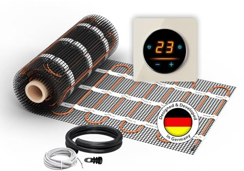 Elektrische Fußbodenheizung: Zweiader-Heizmatte WARMON ULTRA 200 W/m² mit WiFi-Thermostat OKE-25 Touch und schwarzem Garda Glass-Abdeckrahmen, Thermostat:OKE25 Garda Beige, Mattengröße:3 m²