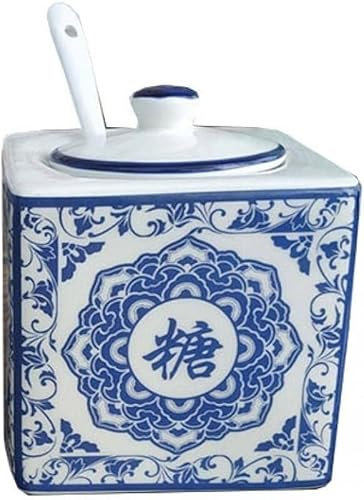 PGPAYH Sucrier, récipient à Sucre, Pot à Sucre, sucrier Bleu et Blanc, Pot d'assaisonnement en céramique Peint à la Main avec Couvercle et cuillère