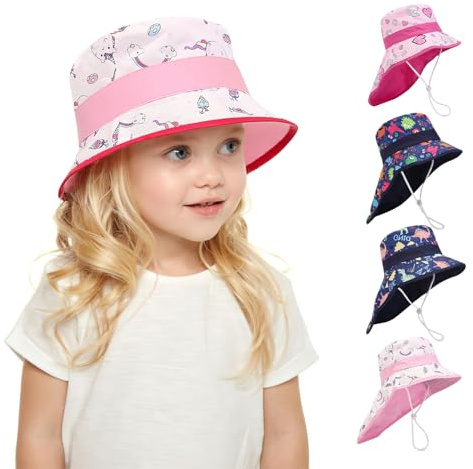 dellyy Solhatt baby barn, sommarhatt barn, sommarhatt bred brätte, UPF 50 UV-skydd, 4 mönster (enhörning, regnbåge, dinosaurie, monster) – för flickor och pojkar, Rosa-b, 52