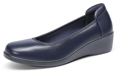 DREAM PAIRS Women's Low Wedges Heels Pumps Comfortable Slip-on Round Toe Dress Work Shoes for Office Business,Size 5,Navy,DWUMPU2551