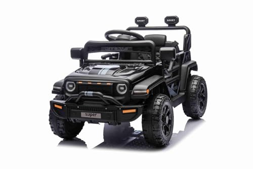 Offroad New elbil för barn med bakhjulsdrift, svart, litiumbatteri, högt chassi, bred sits, fjädring på bakhjul, 2,4 GHz fjärrkontroll, MP3-spelare med USB/AUX
